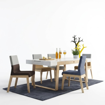 Set 4 sedie poltrone seggiolino da sala da pranzo da sala da pranzo in tessuto e legno di lusso.