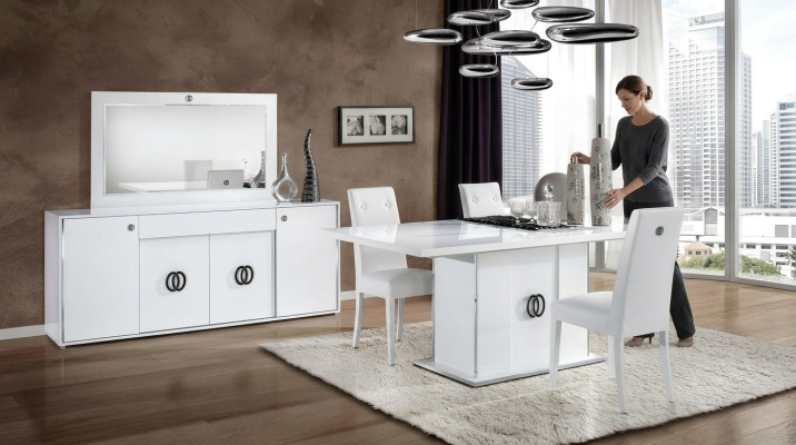 Tavolo da pranzo con 3 sedie, comò, specchio, lusso, legno, moderno, set da designer 6 pezzi.