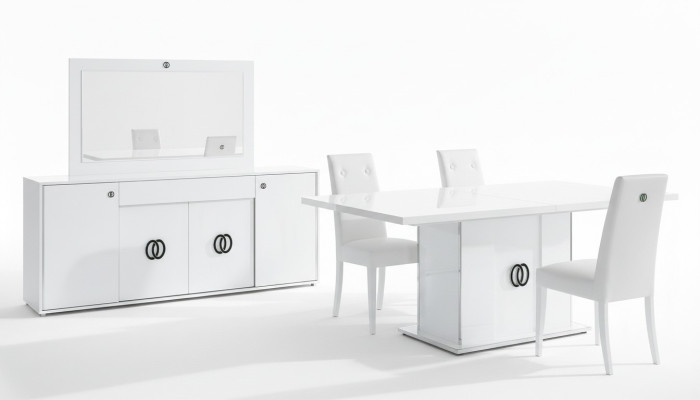 Tavolo da pranzo con 3 sedie, comò, specchio, lusso, legno, moderno, set da designer 6 pezzi.