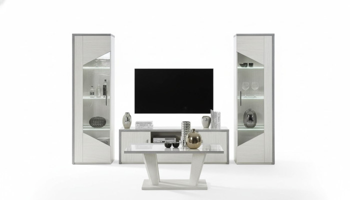 Mobile TV da soggiorno vetrina parete attrezzata legno design bianco moderno nuovo set 3 pezzi