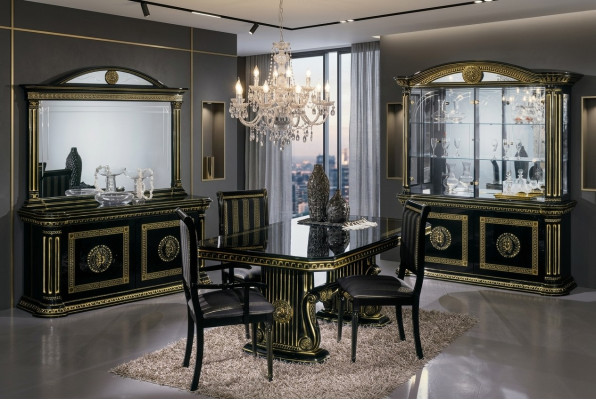 Set di mobili di lusso per sala da pranzo, tavolo, sedie, cassettiera, vetrina, specchio, nuovo, 8 pezzi.