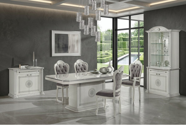 Set da pranzo tavolo sedie comò vetrina gruppo legno bianco 7 pezzi