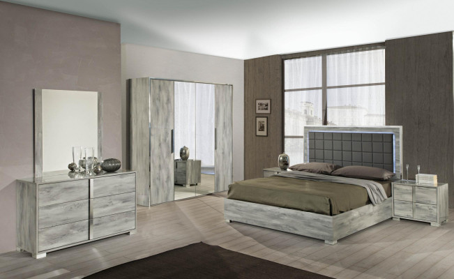 Letto di lusso doppio in legno imbottito grigio design moderno