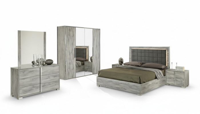 Set di mobili da camera da letto con letto, comodino, armadio, cassettiera e specchio 6 pezzi