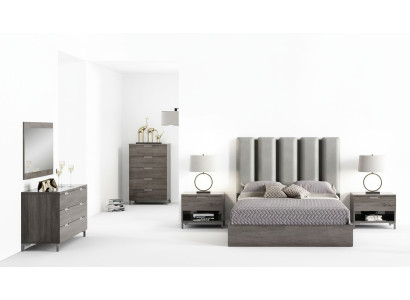 Set di letto matrimoniale con comodino, cassettiera, specchio e letto imbottito 6 pezzi