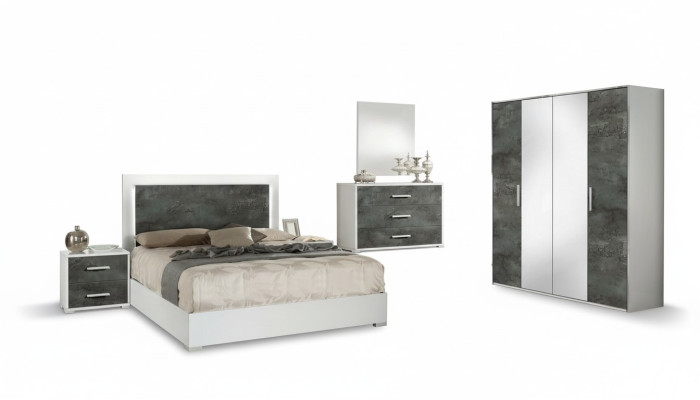 Set di mobili da camera da letto letto comodino armadio cassettiera specchio doppio nuovo 6 pezzi.
