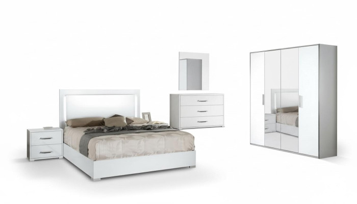 Set moderno di letto, comodino, armadio, cassettiera e specchio bianco 6 pezzi