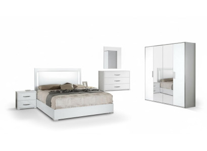 Set moderno di letto, comodino, armadio, cassettiera e specchio bianco 6 pezzi