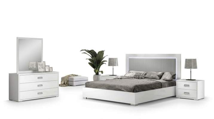 Set di mobili da camera da letto con letto, comodino, comò e specchio 6 pezzi in legno bianco