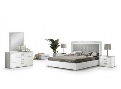 Set di mobili da camera da letto con letto, comodino, comò e specchio 6 pezzi in legno bianco