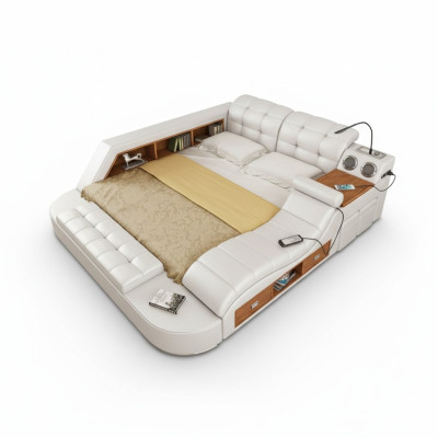Multifunzione Letto Scaffale Armadio USB Stazione di Ricarica Doppi Letti in Pelle