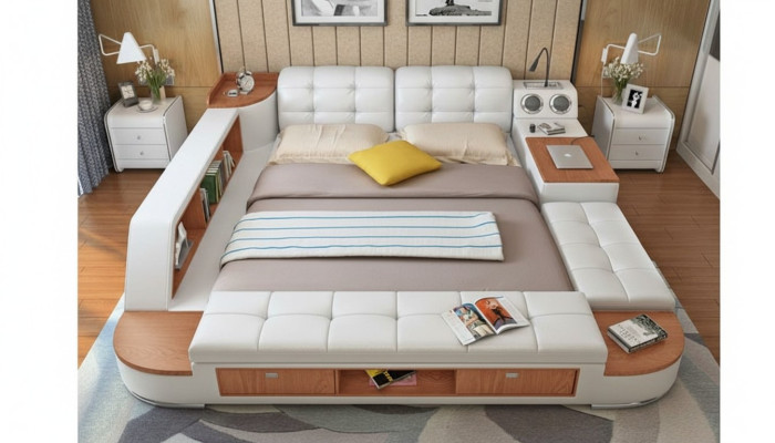 Multifunzione Letto Scaffali Lusso Letto in Pelle 180x200.