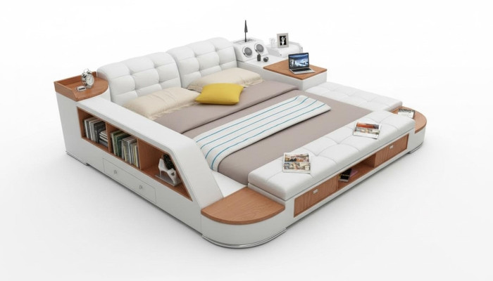 Multifunzione Letto Scaffali Lusso Letto in Pelle 180x200.