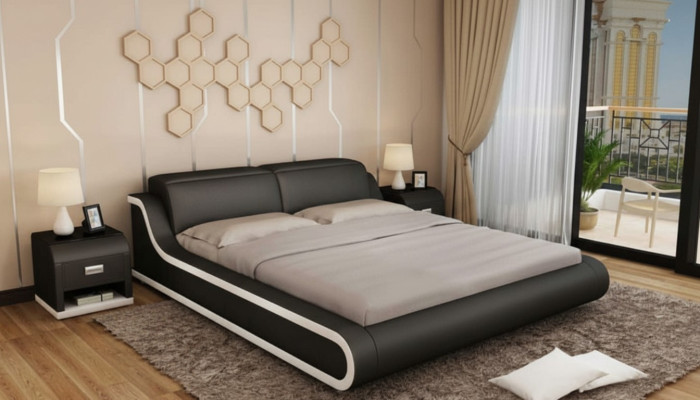 Design della camera da letto 180x200. Nuovi mobili di lusso moderni. Letti imbottiti.