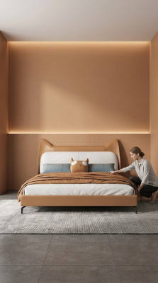 Hotel moderno con letto matrimoniale in pelle e stoffa da 160x200cm. Letto matrimoniale di design.