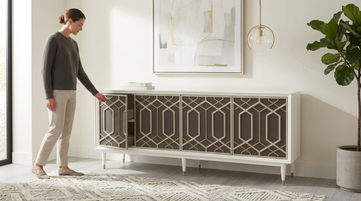 Mobili di design di lusso, comodini, tavolino basso, credenza, armadi moderni in legno.