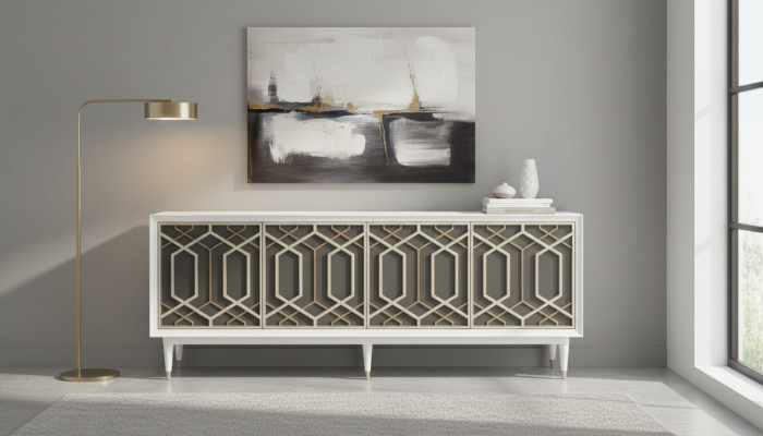 Mobili di design di lusso, comodini, tavolino basso, credenza, armadi moderni in legno.