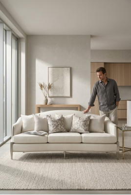 Divano design a 3 posti in tessuto grigio per il soggiorno.