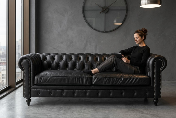 Sofà Chesterfield 3 posti in pelle-fibra in legno massello di stile moderno di lusso classico.