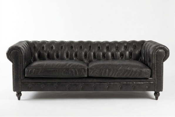 Sofà Chesterfield 3 posti in pelle-fibra in legno massello di stile moderno di lusso classico.