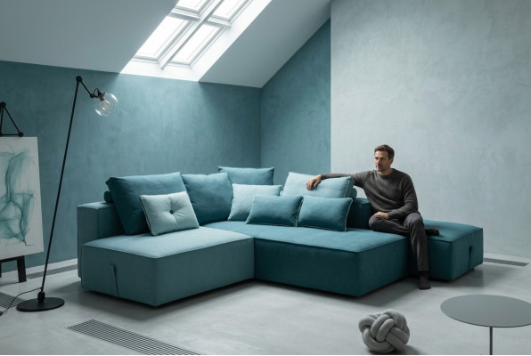 Divano angolare imbottito in set con sgabello per zona giorno design moderno alfitalia