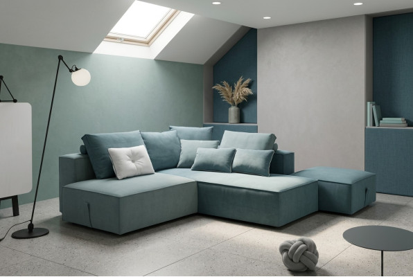 Divano angolare imbottito in set con sgabello per zona giorno design moderno alfitalia