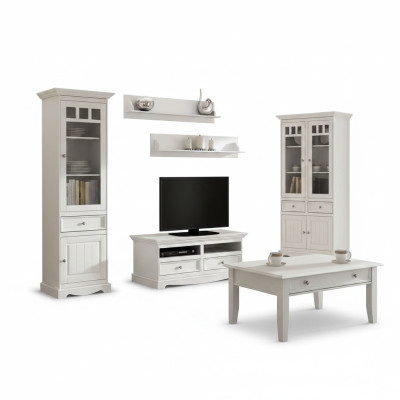 Set soggiorno: mensola a muro, comò, credenza, pareti attrezzate, vetrina, stile country, 4 pezzi. Nuovo.