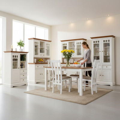 Set da pranzo rustico composto da 8 pezzi con tavolo, credenza, sedie e vetrina.