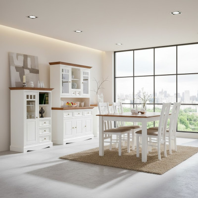 Set da pranzo rustico composto da 8 pezzi con tavolo, credenza, sedie e vetrina.