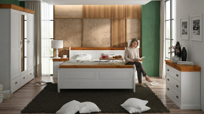 Casa di campagna Letto Armadio Comodino Camera da letto Set completo in legno 5 pezzi Nuovo