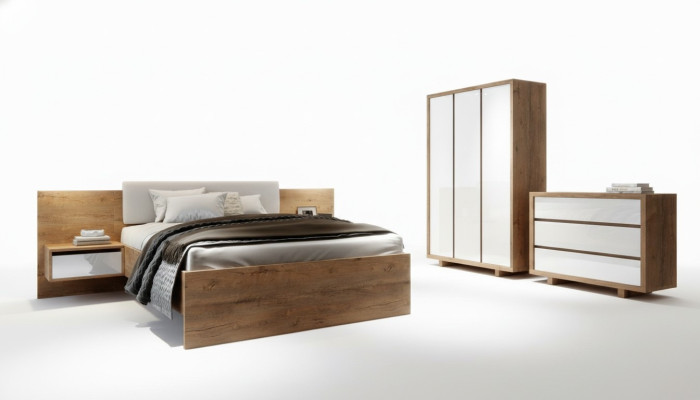 Set completo per la camera da letto Letto Comodino Armadio Cassettiera Design 5 pezzi.