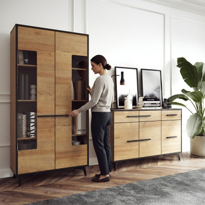 Design cassettiere armadio mobili legno lusso parete attrezzata credenza vetrina set 2 pezzi.