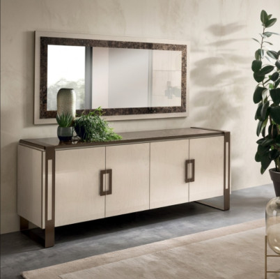 Consolle di design in legno con specchio, credenza a due ante.