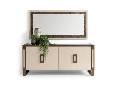 Consolle di design in legno con specchio, credenza a due ante.