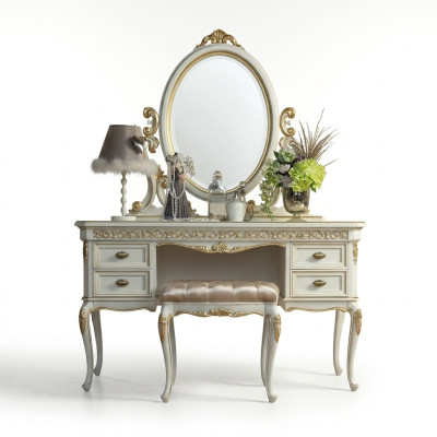 Set da toeletta con sgabello, tavolo classico, cassettiera, specchio e consolle.