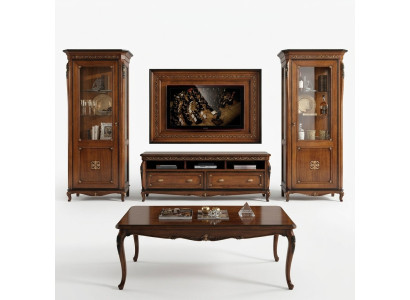 Set da soggiorno 4 pezzi. Vetrina RTV, cassettiera, tavolino in legno. Set da salotto di lusso.