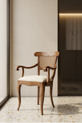 Sedia da designer con braccioli in stile rustico per sala da pranzo e cucina, nuova con rivestimento in tessuto.