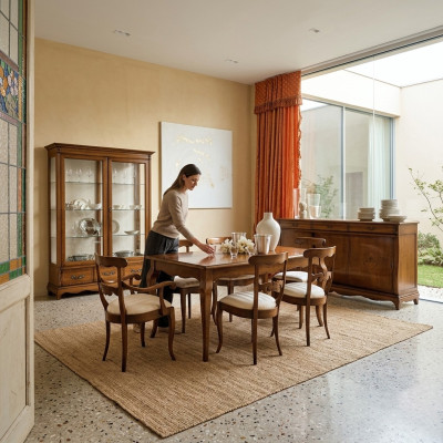 Set da pranzo, tavolo da pranzo con 9 pezzi, tavolo, tavoli, completo, tavolo da pranzo con 6 sedie, gruppo.