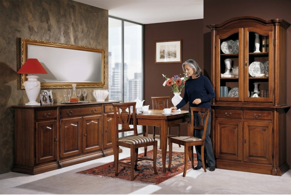 Design sala da pranzo Set di arredi 6 pezzi in legno Mobili 4 sedie Tavolo Vetrina Gruppo Nuovo