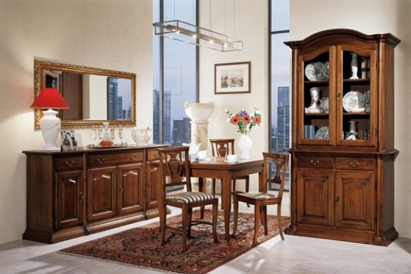 Design sala da pranzo Set di arredi 6 pezzi in legno Mobili 4 sedie Tavolo Vetrina Gruppo Nuovo
