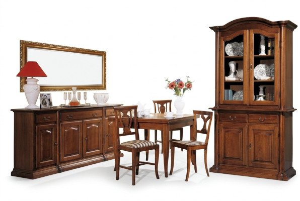 Design sala da pranzo Set di arredi 6 pezzi in legno Mobili 4 sedie Tavolo Vetrina Gruppo Nuovo