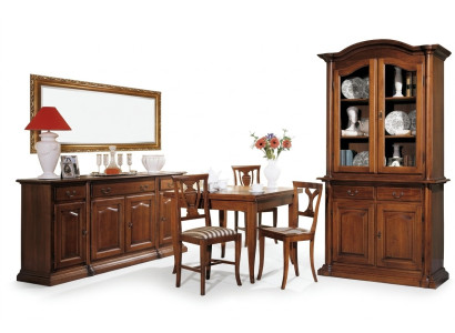 Design sala da pranzo Set di arredi 6 pezzi in legno Mobili 4 sedie Tavolo Vetrina Gruppo Nuovo