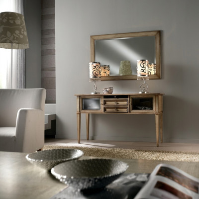 Stile rustico da casa di campagna, console da toeletta con specchio, console marrone.