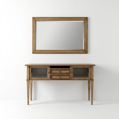 Stile rustico da casa di campagna, console da toeletta con specchio, console marrone.