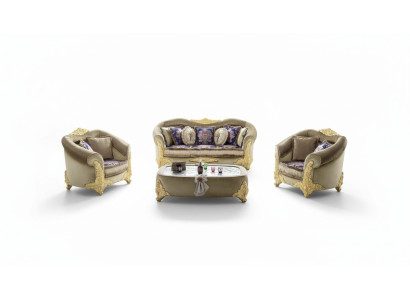 Divano Imbottito 3 2 1 Posti Stile Barocco in Legno 3 Pezzi. Mobili di lusso Classici per Salotto.