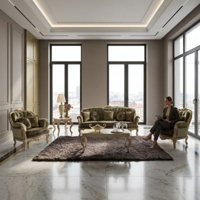 Set di divani 3+2+1 posti in tessuto imbottito di design Chesterfield italiano.