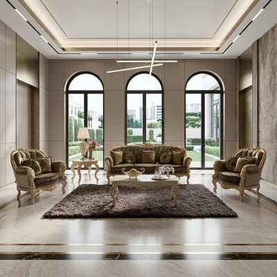 Set di divani 3+2+1 posti in tessuto imbottito di design Chesterfield italiano.