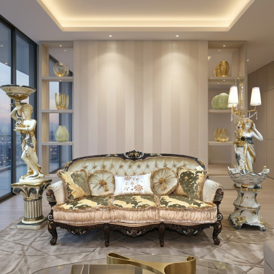 Classico divano a tre posti in stile Chesterfield, imbottito, in tessuto.