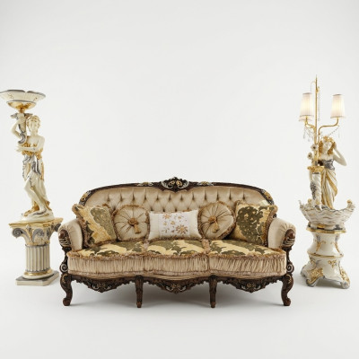 Classico divano a tre posti in stile Chesterfield, imbottito, in tessuto.