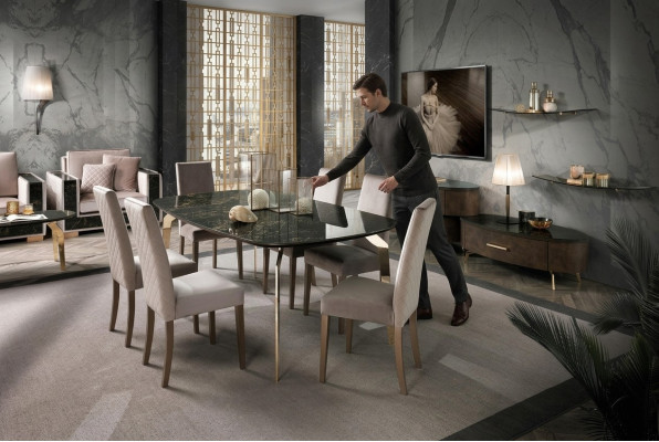 Set da pranzo di lusso con tavolo da pranzo e sedia da pranzo XL in legno, design contemporaneo, 7 pezzi, nuovo.